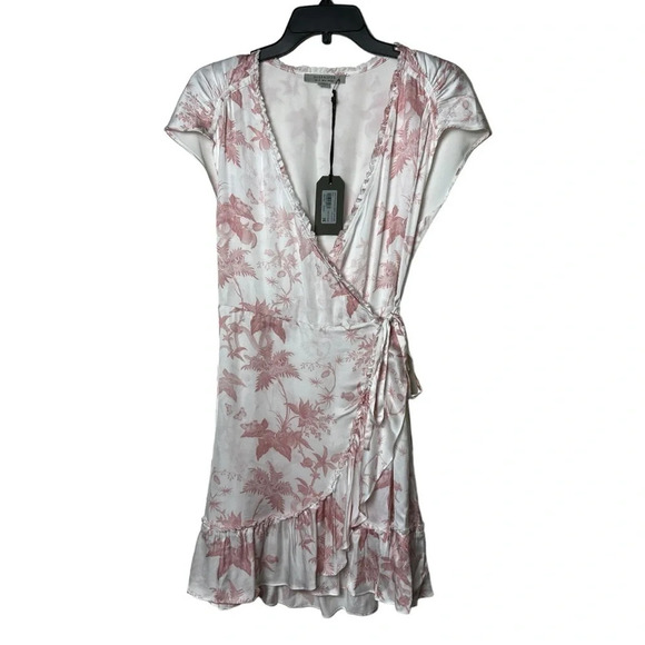 1652. ALL SAINTS ZINI EVOLUTION LEAF PRINT DRESS SIZEโ 2 WHITE/PINK IN COLOR - Picture 2 of 10